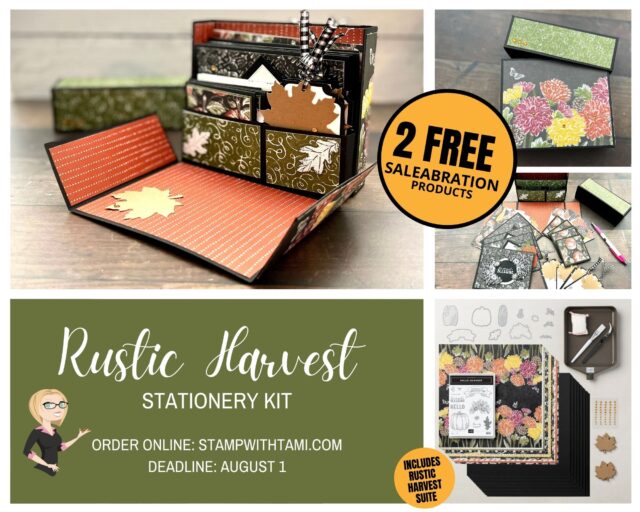 Make a stationery gift box set you will fall in love with when you order my Rustic Harvest kit.  This suite is in the July-December Mini Catalog. Purchase my kit and get a special deal the suite, 2 Free Saleabration products and a free class that includes supplies, video and tutorial. Class makes:   A flip up stationery gift box complete with dividers  4 cards and envelopes  4 note cards and envelopes  4 gift tags