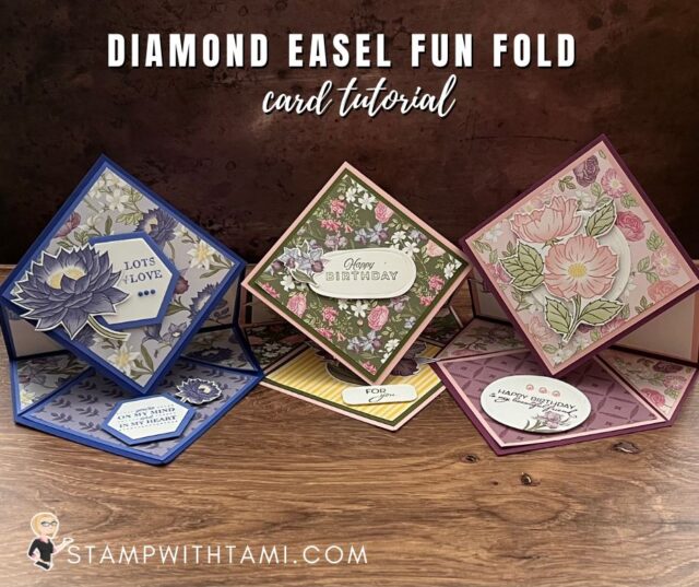 In this video class I'm kicking off a new fun fold card series featuring the Diamond Easel fold. I'll be using the brand new Stampin Up Wonderful World stamp set and designer series paper. This set is available free during Saleabration which begins today. Saleabration details here.   On this video I'll share how you can make the following:   Large Diamond Easel Fun Fold Cards  Small Diamond Easel Fun Fold Cards  Custom Envelopes to fit both cards