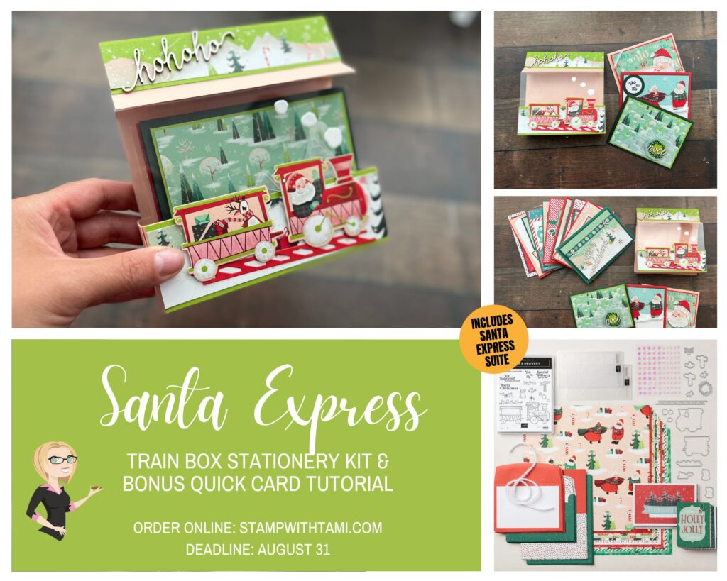 TAMI'S SANTA EXPRESS TRAIN BOX KIT  Santa Express Kit Deadline September 1, 2022 Includes kit, video class and bonus quick card tutorial   All aboard! Get on the "Santa train" and get your holiday projects started early this year. This stinkin' cute class features a special offer on the Stampin' Up Santa Express Suite, a free video class AND a bonus pdf with 10 quick card designs!  Video class and bonus pack of supplies makes:  Santa Train Card Holder Box 3 Cards Bonus Free PDF for 10 Quick Card Designs for the Memories & More packs that come in the kit