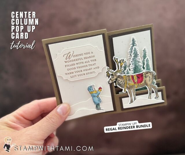 REGAL REINDEER - SIDE STEP SERIES  Another magically winter scene coming to life with the side step fun fold. I can't get enough of these cards. On this card a child offers an apple to a reindeer, both standing in snow drifts. I created this one with the Stampin Up Regal Reindeer Bundle.   The Regal Reindeer bundle comes from the July-December (Holiday) Mini Catalog.   I have written instructions for this card, side step fun fold template and video tutorial sharing how to make this fold below. In addition there are links to the rest of the cards in this series.