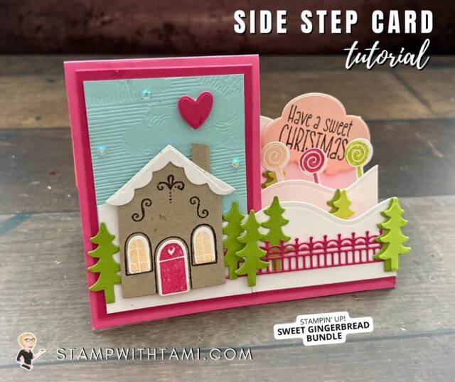 SWEET GINGERBREAD - SIDE STEP SERIES  Mega sweetness! This adorbs gingerbread house will look great on the mantel and with no sticky mess or calories. I built this scene with the Stampin Up Sweet Gingerbread Bundle. Card 8 in my side step card series.  I designed this for our Stamp It Group’s Christmas in July Blog Hop.  I have written instructions for this card, side step fun fold template and video tutorial sharing how to make this fold below. In addition there are links to the rest of the cards in this series.