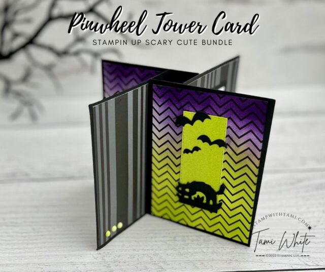 SCARY CUTE PINWHEEL TOWER CARD   Spooky fun Halloween Pinwheel Tower fun fold card. Created with the Stampin' Up Scary Cute bundle (stamps and dies). I colored the Black and White Designs Paper with ink pads and Blending Brushes to coordinate.   Below I have written instructions, measurements, more photos and links to the rest of the series.