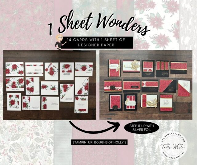 BOUGHS OF HOLLY 1 SHEET WONDER
I don't know about you, but I can't get enough of Stampin' Up!'s Boughs of Holly Suite. I have an entire series of projects created with it (see links below) and today's project is a fantastic 1 sheet wonder. I made a set of 14 beautiful holiday card with 1 sheet of the designer series paper and white card bases in minutes. Then I stepped 1 piece of Boughs of Holly Designer Series Paper with Distressed Gold Specialty paper and Basic Black card bases for wow cards. 

Scroll down for :
✅ Written instructions and a 1 sheet wonder template ✅ Video tutorial how to make a set of 1 sheet wonder cards in minutes✅ Links to more in my 1 sheet wonder series✅ Easy button product bundle to make these✅ Photos of cards