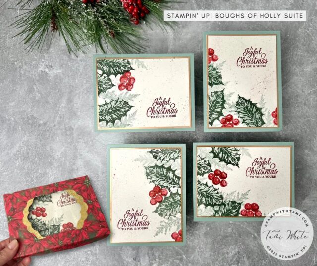 BOUGHS OF HOLLY SUITE  Stampin Scoop Show Episode 149 - Boughs of Holly Suite  Make a gorgeous and easy set of cards with techniques including double step stamping, splatter effect and how to make your holiday cards shimmer.  Need ideas for gift giving? Give a set of handmade cards. We'll share how to make coordinating card gift boxes.

