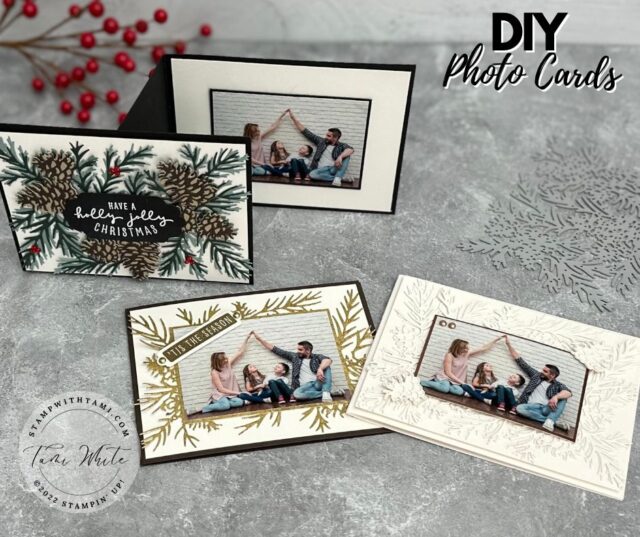 I created this elegant set of holiday photo cards with the Stampin' Up! Christmas Pine Cone Die. These are perfect for when you want to "wow" with your cards. I've created one of the cards into a fold flat z fold, and you could easily turn the other 2 cards into this fun fold as well.


This die coordinates with the Christmas Season stamp set as well as the Christmas to Remember stamps and Seasonal Labels dies. Together the 2 bundles make a fantastic set.


Below I have written instructions, measurements, more photos and links to the rest of the series.