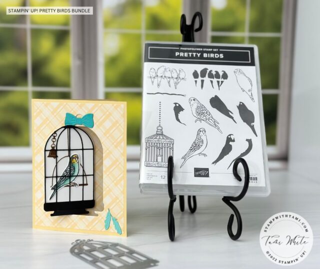 PRETTY PARAKEET BIRDCAGE POP OUT SWING CARD  I thought the birdie swinging in the cage was perfect for this pop out swing fold. Card #5 in my series and I'm going outside the "box". Instead of a square or circle cut out for the swing, I used the birdcage in the Birdhouse Dies. The parakeet is from the coordinating Pretty Birds stamp set. I colored it with Stampin' Blends markers. 
