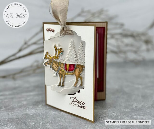 REGAL REINDEER POP OUT SWING CARD  Merry Christmas! Maybe this handsome reindeer made hoof prints on some roofs last night while pulling Santa's sleigh? Another outside the box pop out swing card, this time using the Regal Reindeer Bundle and Designer Tag Dies. This is part 8 in my pop out swing fold series. 
