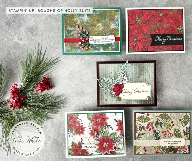 BOUGHS OF HOLLY HOLIDAY CARD SET
Looking for quick and easy holiday card ideas? Pretty holiday designer paper to the rescue! I created this set of 5 cards with the same basic layout and the Stampin Up Boughs of Holly Designer Series Paper. This is the last of my Boughs of Holly series. Check them all out below.
The Boughs of Holly Suite will be retiring with this Mini Catalog and these gorgeous products will only be available while they last. Learn more here.  Scroll down for :
✅ Written instructions and measurements for each card✅ Supply list for each card✅ Links to more in my series✅ Boughs of Holly Video✅ Photos of the cards