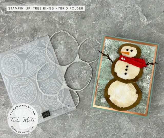 TREE RINGS SNOWMAN  So cute I just can't stand it. This snowman card was created with the Stampin' Up! Tree Rings Hybrid Folder and I love him. I was inspired by a card Annette Elias made. The snowflake paper is from the Texture Chic Designer Series Paper.  I have a video short and instructions (with photos) showing tips. 
