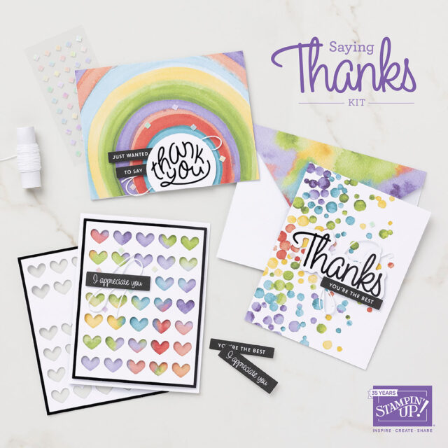 Stampin Up Saying Thanks Kit  We invite you to say thank you to the people who make your day, every day with Saying Thanks all-inclusive card kit! This month’s kit has everything you need to show appreciation to family and friends who light up your life! Make nine bright, colorful cards in no time to say thank you, recognize friends, and share your gratitude with a bright watercolor wash that won’t go unnoticed! You’ll never miss an opportunity to express gratitude with this colorful kit!
