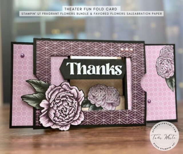 HOW TO MAKE THEATER FOLD CARDS  THEATER CARD SERIES #1 & 2  Kicking off a new fun fold card series with the Theater Stage Card, also called the Slide & Reveal Card or Sliding Shadowbox. On the video class I'll share how to create this card with the Stampin' Up! Saleabration Favored Flowers Designer paper.  I've also share card #2 in this series below.  I turned the theater fold into a photo card for a personal touch. I made it for a friend's birthday. I used a photo of their house instead of designer paper for the background. A floating wakeboarder in front for a really a cool effect.   These cards fold flat and fit into a Medium Stampin' Up! Envelope. Whether they would need more postage would depend on how many dimensionals you use. 
