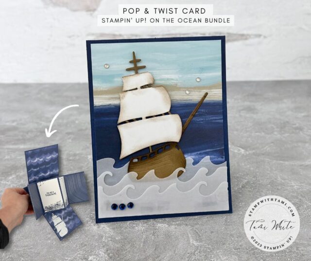 ON THE OCEAN POP & TWIST CARD
Another wow 3D card from the Stampin' Up! on the Ocean bundle. This ocean themed ship card has a special pop-up greeting inside-from the Stampin' Up! on the Ocean bundle. Create a ship from the die set, sponge the edges for a more realistic effect. The layered vellum waves give the look of motion and depth.   Scroll down for:✅ Written Instructions with measurements and a template.✅ Photos of this project from different angles✅ Full supply list of products I used✅ More from the 2023 Jan-April Mini Catalog