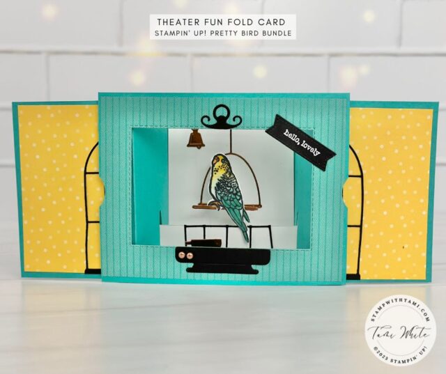 PRETTY BIRDS THEATER CARD  How adorbs is this theater shadow slider birdcage card? I have been having too much with this Stampin' Up! Pretty Birds bundle. I made the "curtains" of the theater card into a sliding birdcage. Inside the floating parakeet appears to be swinging on his perch. I created this illusion by attaching the bird on a Window Sheet.   This is card #5 in my Theater Card series.
