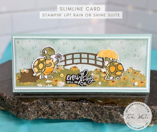 RAIN OR SHINE SLIMLINE CARD  This slimline card is perfect to send a hug in a card to a loved one. The Stampin' Up! Rain or Shine Suite features two turtles facing each other on either side of the bridge with one handing flowers to the other. The words are from the Charming Sentiments Bundle. I created the background with Blending Brushes and Wink of Stella. Learn how to do this in the instructions.  #5 in my series featuring this suite. Slimline cards fit in Stampin' Up! Slimline Envelopes.
