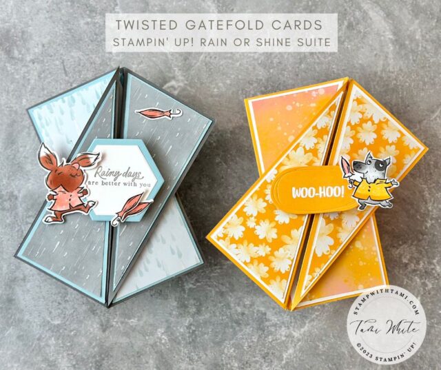 RAIN OR SHINE TWISTED GATEFOLD CARDS  These cards are perfect for when you want to make a wow statement! The Stampin' Up! Rain or Shine collection has such fun colors and patters. Below is everything you need to make these amazing twisted gatefold cards.  #8 & 9 in my series featuring this suite.

