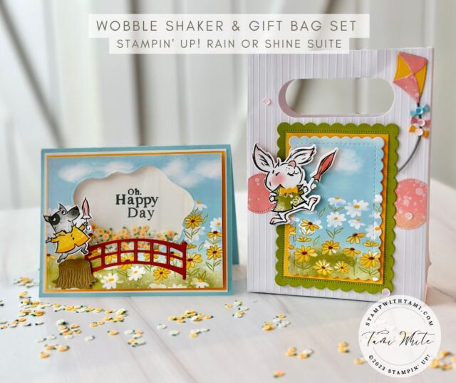 RAIN OR SHINE GIFT SET  This wobble shaker card is sure to bring a smile to anyone's face. The cute dog dances with a flick, and the daisy bits add a fun shaker element. Created with the Stampin' Up! Rain or Shine Suite. Create a coordinating gift bag to complete the set. Perfect for any occasion.
