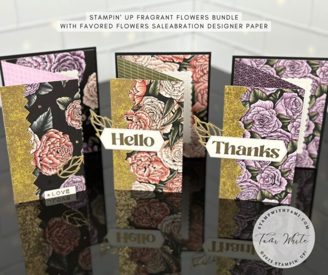 FRAGRANT FLOWERS ACCORDION CARDS  I created this set of accordion fun fold cards with the new Stampin' Up! Fragrant Flowers Bundle and coordinating Favored Flowers Designer Series Paper. I love this fold with pretty papers like the Favored Flowers because it solves the dilemma of which side of the paper to use, use them both!  The Fragrant Flowers stamps and dies are featuring in the 2023 Jan-April Mini Catalog. The Favored Flowers paper coordinates with the stamp set and is part of the 2023 Sale-a-bration. You can earn it free with a $50 order. 
