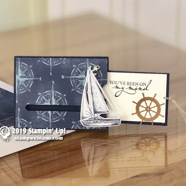 Stampin Up Come Sail Away Suite and July On My Mind 2019 Paper Pumpkin Kit Pull tab slider card