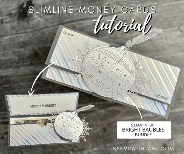 This is a very elegant handmade holiday money holder. I used the Bright Baubles bundle to create the ornament. Heat embossed in Silver on the Silver Foil. The layered over a Wonderful Snowflake. The metallic striped paper is from the Whimsy & Wonder Specialty Designer Paper.