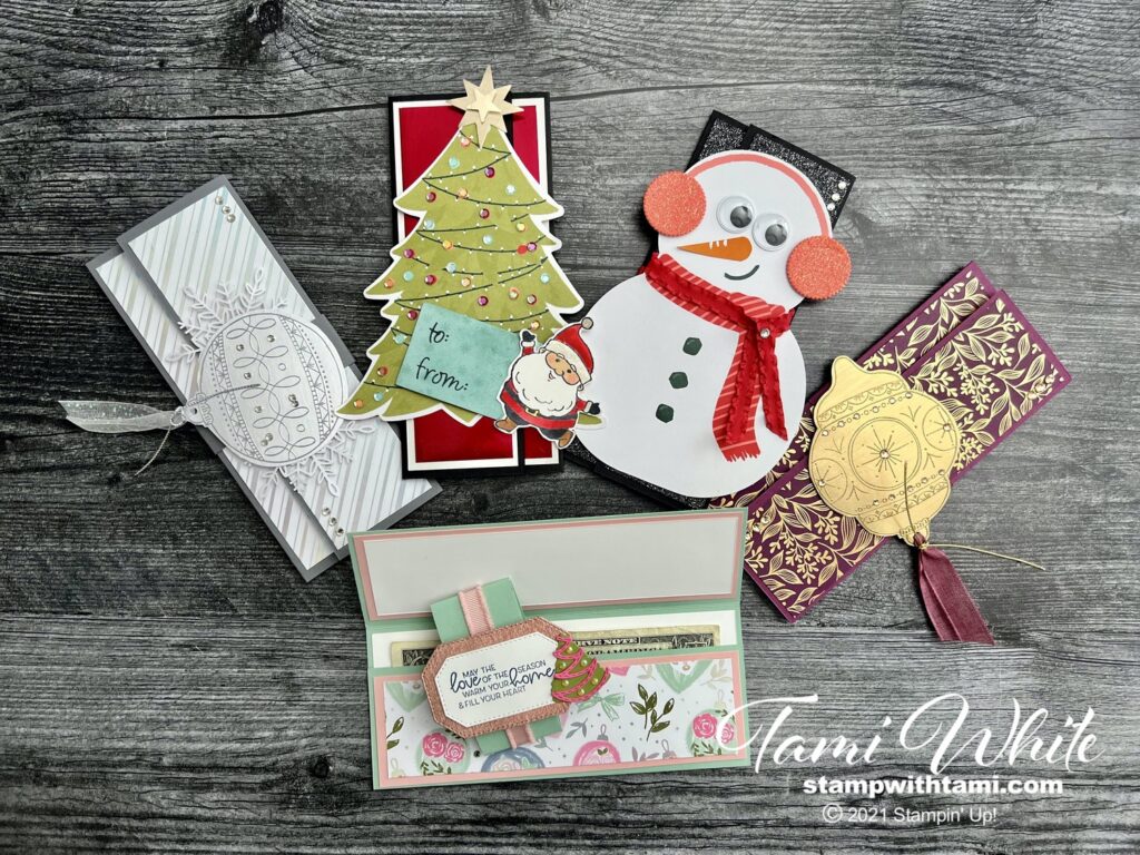 These handmade holiday money cards are as much fun to make as they are to receive. I've created a variety of different styles that include the November 2021 Paper Pumpkin kit, the Stampin Up Whimsy & Wonder Suite and the Bright Baubles Bundle.