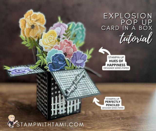 How awesome is this explosion pop up card in a box?! I love the flower bouquet that pops up when it opens. I used the Hues of Happiness Suite. The flowers are cut from the designer series paper in the suite. The black and white paper is from the Stampin Up Perfectly Penciled collection of papers.   I did a video on how to make these pop up explosion cards. You can refer to it here for help creating the box.   Instructions, Hues of Happiness series and more photos below. All of these products are available in my online store. Store links below.