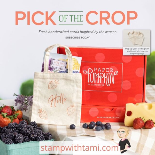 Looking for fresh ideas and designs for your summer cards and crafts? Then the Pick of the Crop Paper Pumpkin Kit is just what you’re looking for! This month’s kit is inspired by open markets, summer produce, and community. We can’t wait to see how you make the most of this sensational kit. And don’t forget about the mini canvas bag add-on!  ADD ON   For this month only you can purchase additional mini canvas shopping bags for a fun twist on card packaging. You will get one bag included in your kit, but there’s no need to stop the creativity there! Purchase more bags that you can stamp, color, and personalize. Just our way of expanding one of our favorite kits of the season!