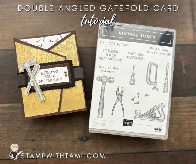 <h2>  <img class="alignnone size-shareaholic-thumbnail wp-image-64249" src="https://stampwithtami.com/blog/wp-content/uploads/2022/06/double-angled-gatefold-cards-stampin-up-vintage-tools1-640x537.jpg" alt="" width="640" height="537" /></h2> <h2>VINTAGE TOOLS  - ANGLED GATEFOLD SERIES</h2> <p>Another awesome masculine card idea. This one features the Stampin Up Vintage Tools stamp set. I used the Distressed Gold Specialty Paper for the background. The images are colored with the Stampin' blends markers. </p> <p>Instructions, Angled Gatefold series and more photos below. All of these products are available in my online store, links below.</p>