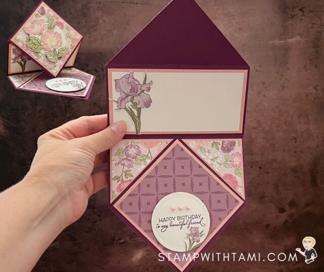 The flowers are cut from the designer series paper. The colors on this card are Blushing Bride and Rich Razzleberry.