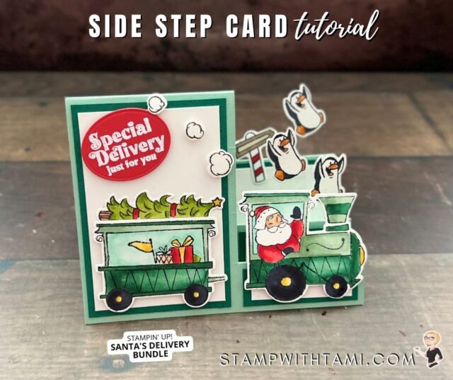 Toot Toot! All aboard the Santa Train. I designed this side step fun fold card with the Stampin' Up Santa Express Suite. Don't you just love those leaping penguins? I colored the images with the Stampin' Blends Markers and have a chart sharing more details on that below.  I have written instructions for this card, side step fun fold template and video tutorial sharing how to make this fold below. In addition there are links to the rest of the cards in this series.