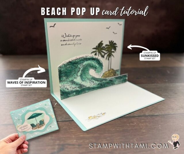 Open this sweet birthday card and a beach pops up! I combined the Stampin' Up Sunkissed stamp set with the Waves of Inspiration stamp set. The images are colored with Stampin' Blends markers. I have a videos below to show how to make the pop up and how to color with Stampin' blends.   Instructions, Pop Up series and more photos below. All of these products are available in my online store, links below.