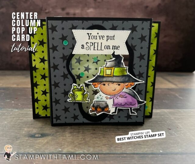 BEST WITCHES - CENTER POP UP SERIES  Cast spell of love with this stinkin' cute center pop up Halloween card. I used the Stampin' Up Best Witches stamp set paired with the Black & White Designer Paper. I colored the images with the Stampin' Blends Markers.   I have written instructions for this card and video tutorial sharing how to make this fold below. In addition there are links to the rest of the cards in this series.