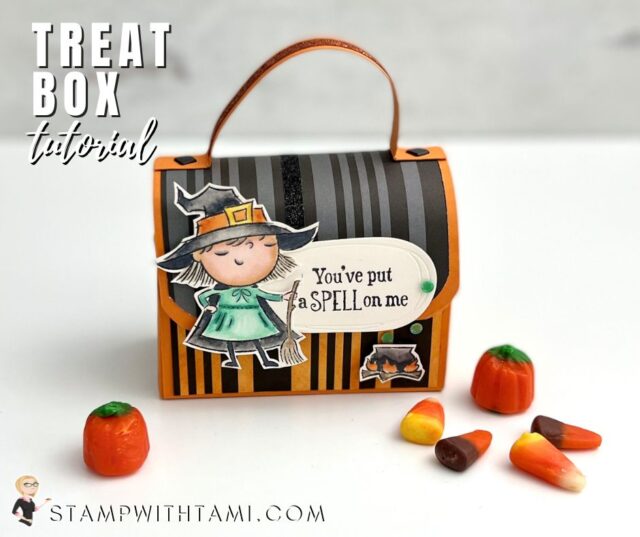 BEST WITCHES HALLOWEEN TREAT BOX  Put a spell on those little ghosts and goblins this Halloween with cute treat boxes. I used the Stampin Up Best Witches for this one. I colored the Black & White Designer Series Paper to match the box. The witch is colored with Stampin Blends.   Below I have written instructions, measurements, template, video showing how to put the box together, photos of the box from several angles and links to the rest of my Treat Box Series.