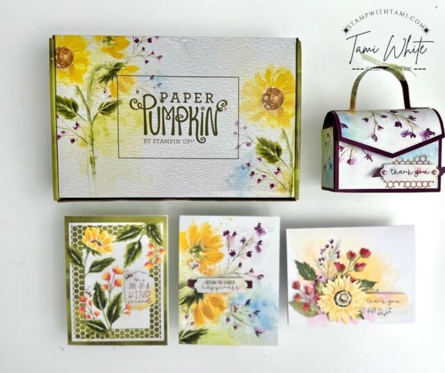 HOW TO MAKE TREAT BOXES  BOX 1  Today is my Stamp It Demonstrator’s Group Blog Hop . We’re all really excited to unveil our projects, and announce a new contest giveaway. To continue on your journey through our projects, simply use the BLOG HOPPERS links below.  This video class kicks off my new series of adorable gift boxes. These make perfect party / bridal shower favors, Thanksgiving table decor, holiday gift giving and so much more.  I'll share how to make these boxes using the August 2022 "Sweet Sunflower" Paper Pumpkin Kit.  On the video class I'll share:  The August Paper Pumpkin Kit contents How to make this adorable treat / gift box alternate to the kit Many more treat box ideas in the series.   In addition to the video I have written instructions, measurements, templates and photos from several angles of the box and cards below.