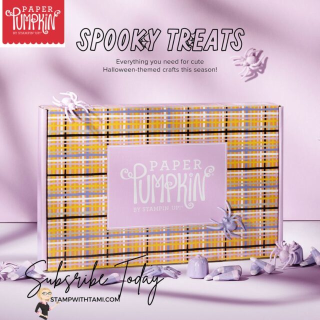 SEPTEMBER 2022 SPOOKY TREATS PAPER PUMPKIN KIT  Subscribe August  11 -  September 10 | September 2022 Spooky Treats Paper Pumpkin Kit   Get your Halloween crafting on with the Spooky Treats Paper Pumpkin Kit. This month’s kit includes everything you need to make 18 absolutley adorable (and just the right amount of spooky) treat boxes—that’s 6 each of 3 unique designs! No need to let the season creep up on you; subscribe and order your kit today.   Plus, we’re putting the TREAT in trick-or-treat with a special GIVEAWAY on social media starting 5 September at 9:00am (MT)! Simply follow @PaperPumpkin on Instagram or the Paper Pumpkin page on Facebook, like either post, and mention three friends in the comments for your chance to win one of two personalized JBL speakers. You’ll have to be quick because the giveaway closes 8 September at 4:00pm (MT). Don’t miss out on this fang-tastic opportunity!