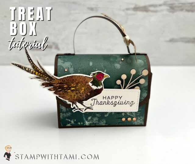 Happy Thanksgiving gift boxes created with the Stampin Up Painted Pheasant stamp set. These fit a variety of gifts like treats, candy, gift cards, and so much more. Use them for table favors and so much more.  Below I have written instructions, measurements, template, video showing how to put the boxes together, photos of the box from several angles and links to the rest of my Treat Box Series.