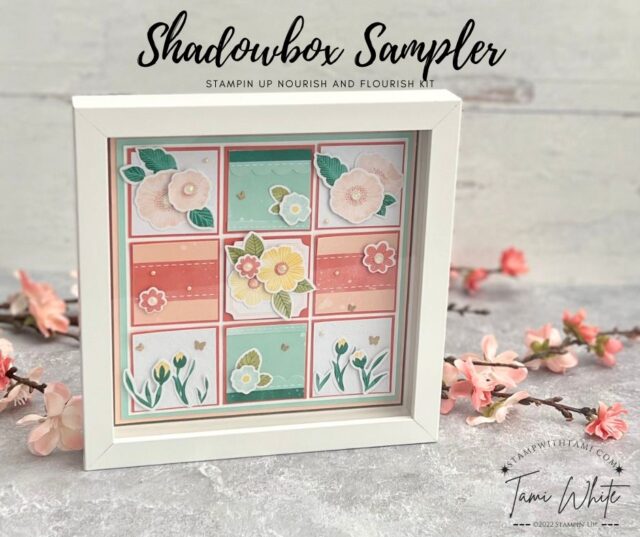SHADOWBOX SAMPLER   I shared this shadowbox sampler on yesterday's Stampin Scoop Show (epi 146). Today I have instructions and details so you can make this. It makes great home decor as well as a great gift.   This is project #2 in my Stampin Up Nourish & Flourish kit alternate projects.   Below I have written instructions, measurements, more photos and links to the rest of the series.