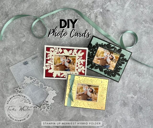 This stunning set of photo cards was created with the Stampin' Up Merriest Frames Hybrid Folder. I combined with the Festive Foils and Gold Foil. These designs are great for the holidays, Christmas photo cards and also for other occasions such as party invites and more.  Below I have written instructions, measurements, more photos and links to the rest of the series.