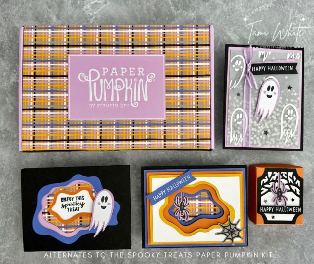 SPOOKY TREATS CARDS & GIFT BOX SET  Woot! It's time for some Paper Pumpkin inspiration. Our APPT – “A Paper Pumpkin Thing” blog hop is full of inspiration and alternate ideas featuring the September 2022 Paper Pumpkin kit.  I had some fun with the Stampin' Up layering Diorama Dies on a couple of the cards. And layering Vellum on the 3rd. The box was 2 box bases from the kit put together and a spooky frame from the Scary Silhouettes dies.