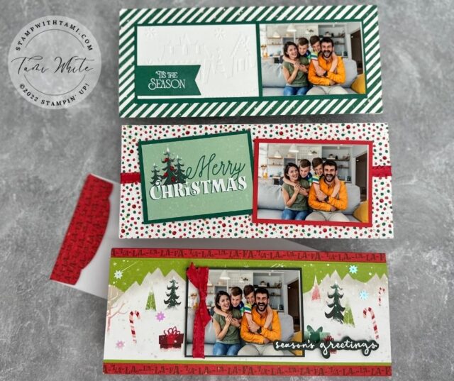 SANTA EXPRESS SLIMLINE PHOTO CARD SET  CARDS 7-9  These fun slimline holiday Photo Cards created with the Stampin' Up! Santa Express Suite. I decided to go with the the traditional Shaded Spruce and Poppy Parade colors for this set. The designer paper patterns are fun and can be interchanged.   These designs are great for the holidays, Christmas photo cards and also for other occasions such as party invites and more.  Below I have written instructions, measurements, more photos and links to the rest of the series.