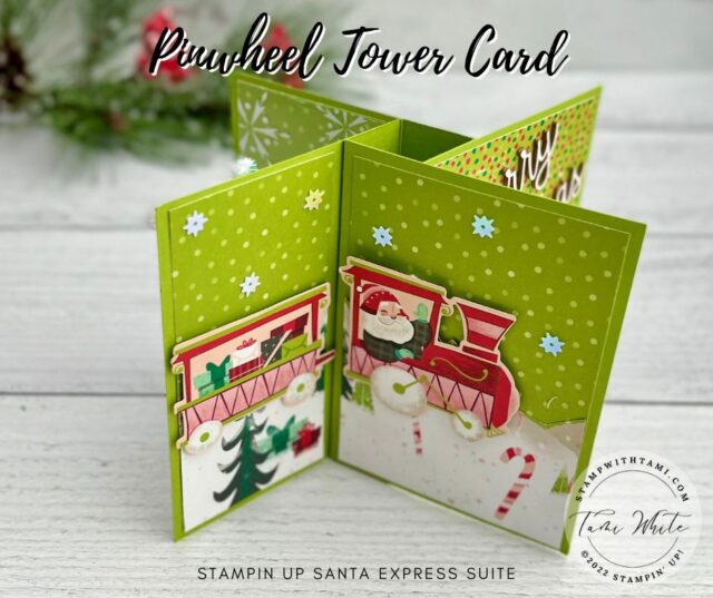 Card #4 in my pinwheel tower card series features the Stampin Up Santa Express Suite. I had a lot of fun with the Santa Express Designer Series Paper and bits from the coordinating Memories & More card kit.  Below I have written instructions, measurements, more photos and links to the rest of the series.