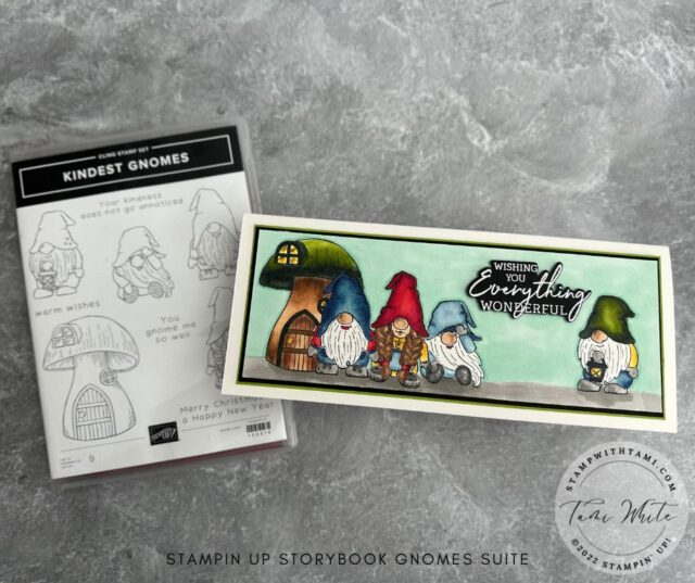 STORYBOOK GNOMES SLIMLINE CARD  I created this slimline card with the Storybook Gnomes Suite. The colored scene is 1 layer. I masked the gnomes to give the look of depth. The pop comes from the coloring with the Stampin Blends markers. See the video from the Stampin Scoop show were I share how to color with the blends and tips.   Below I have written instructions, measurements, more photos and links to the rest of the series.