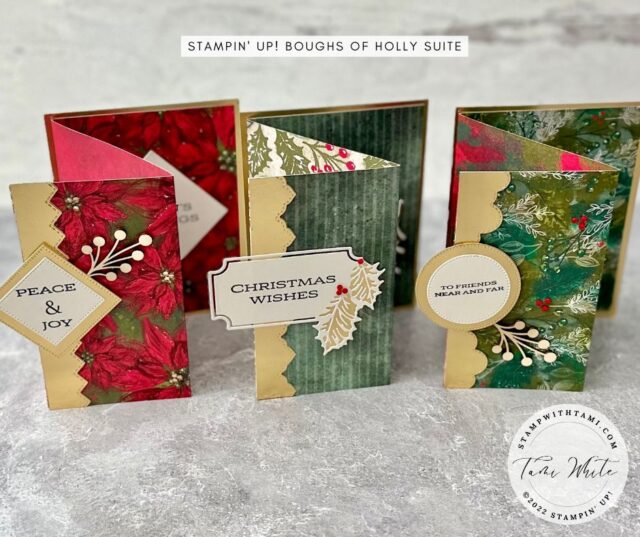 BOUGHS OF HOLLY ACCORDION CARD SET  I created this set of 3 accordion fun fold cards with the retiring Stampin' Up! Boughs of Holly Suite. The words are from the Leaves of Holly stamp set. The fun fold really showcases the pretty Boughs of Holly Designer Series Paper. I'm going to miss this suite.  The Boughs of Holly Suite will be retiring with this Mini Catalog and these gorgeous products will only be available while they last. Learn more here.
