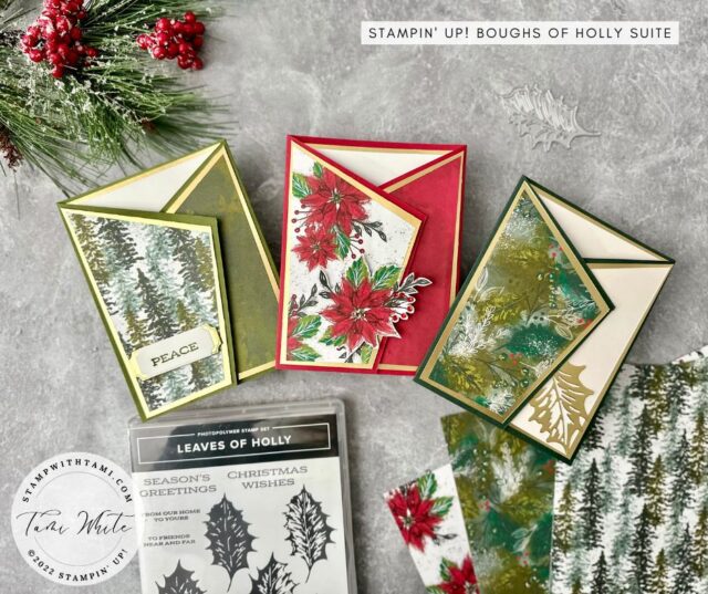 Turn regular fun fold cards into stunning fun folds with the Angled Gatefold Technique. I use the Stampin' Up! Boughs of Holly Suite for this stunning card set. Gold Foil layering really adds to the "wow" factor of the cards. This set is the next installment in my series featuring the Boughs of Holly Suite.