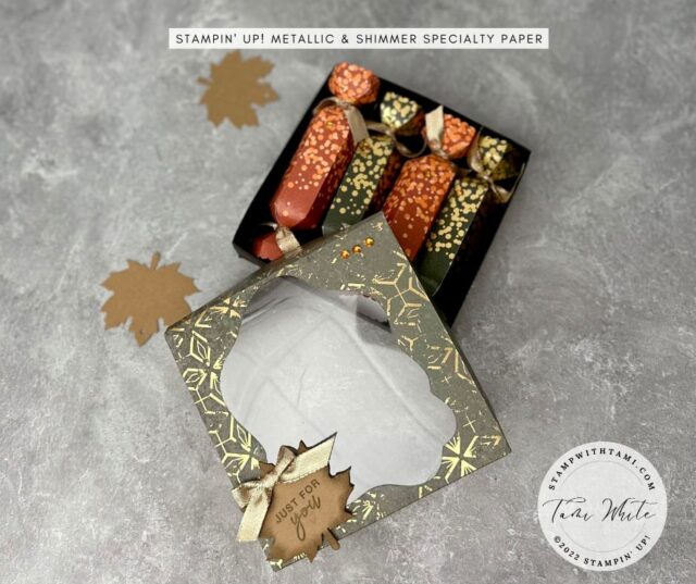 METALLIC SHIMMER PARTY CRACKERS  How great are these going to look on the Thanksgiving table? They shimmer and sparkle. I created the party cracker poppers with the Stampin' Up Metallic & Shimmer Specialty paper & Cracker & Treat Dies. The box lid is from the Texture Chic Specialty designer paper with a window cut from the Diorama Dies.  For more inspiration with the Metallic & Shimmer Specialty paper, and coordinating projects check out my Metallic Shimmer photo cards.  Great favors for fall weddings and holiday parties.