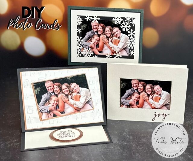 PEARLESCENT PHOTO CARD SET  CARDS #16-18  These stunning cards were created with Stampin' Up's Pearlescent Paper. The paper adds a special sheen to the card. These are simple and easy designs that will stand apart from all other photo cards. These designs are perfect for when you have a bigger holiday card list.  Scroll down for:
✅ Written Instructions with measurements
✅ More photos & photo card video
✅ Links to more photo cards in my series
✅ Easy button bundles to make these cards