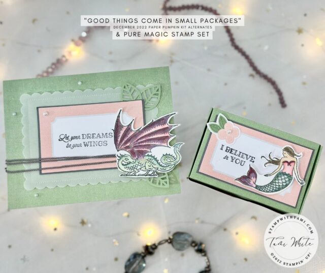 GOOD THINGS & PURE MAGIC GIFT SET
I  believe in you. Let your dreams be your wings. This inspiring gift set is created with the Stampin' Up Pure Magic stamp set and the December 2022 "Good things come in small packages" Paper Pumpkin kit. Featuring magical Dragons and Mermaids colored with Stampin' Blends markers. Perfect for many occasions.
 
Scroll down for :
✅ Written instructions for the gift set✅ Video tutorial how to make Dec 2022 Paper Pumpkin kit✅ Links refill for this kit and PP Subscriptions✅ Photos of cards✅ Supply List