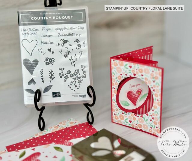 COUNTRY FLORAL LANE POP OUT SWING CARD  Love is in the air this season. Share it with a pop out swing fold Valentine's day "I love you" card created with the new Stampin' Up! Country Floral Lane suite. The suite is coming out in the 2023 Jan-April mini catalog. I love that the punch matches the designer paper. For Valentine's and beyond.