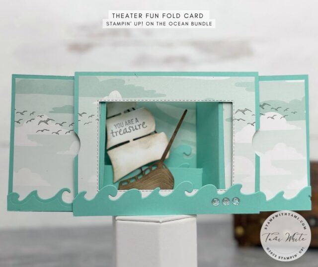 ON THE OCEAN CARD  Welcome to the latest installment of my Theater Card Series! This time, I'm featuring a nautical-themed card that is perfect for anyone who loves the ocean. Created with the Stampin' Up! On the Ocean Bundle. This card features a ship that pops up inside when you open the curtains, and I've used designer series paper from the Enjoy the Journey collection to create the waves and cloudy sky.  Card #7 in my Theater card series, see a sneak peek at tomorrow's tutorial below.
