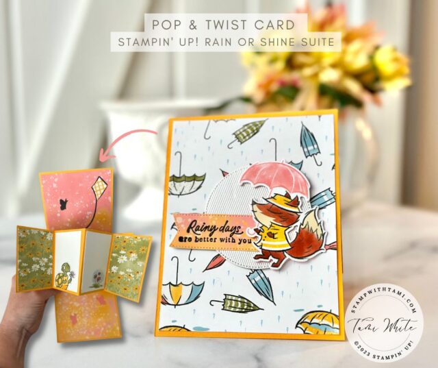 The Pop & Twist fun fold card is a unique and interactive card that is sure to impress. When opened, the card pops up and when closed, it folds flat. This card is perfect for anyone who loves surprises. Created with the Stampin' Up! Rain or Shine suite.  #4 in my series featuring this suite. 
