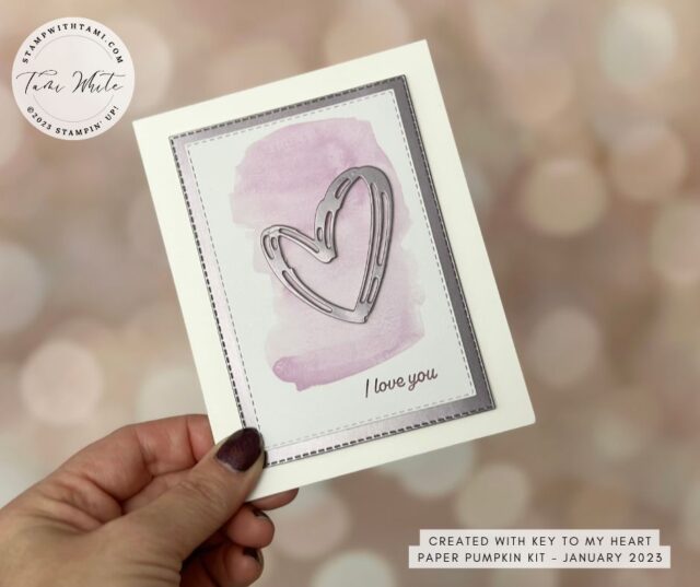 Send some love with this "faux" metallic heart card. I used the January "Key to my heart" Paper Pumpkin Kit, Brushstrokes Die and Silver Foil. Simple and elegant. Share from your heart, whether you make these for Valentine's Day, anniversaries, wedding, birthday or just to say "I love you".
